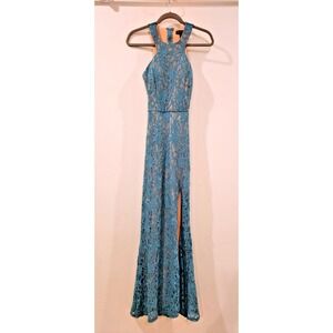 Jodi Kristopher Teal Blue Lace Halter Slit Formal Gown Dress Size 3 Mermaidcore